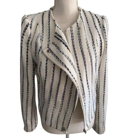 LUCY PARIS Cream Blue Striped Boucle Blazer Jacket Size Medium - Picture 8 of 11